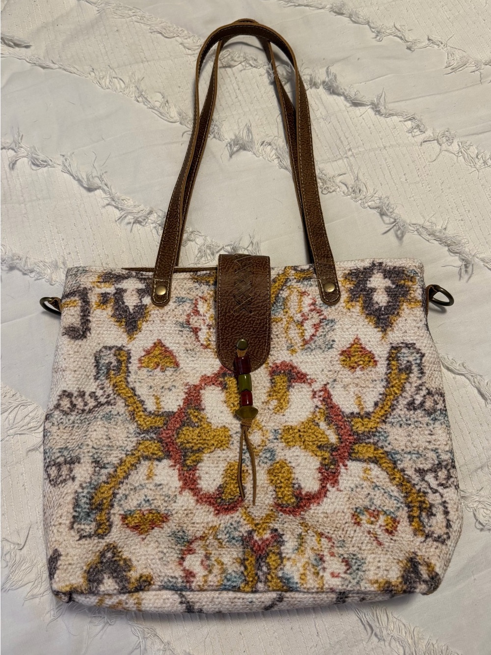 Myra Bag Multicolored Woven Tote with Brown Trim